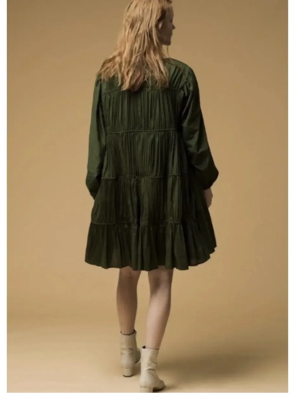 Merlette Olive Green Long-Sleeve Tiered Swing Dress - Picture 2 of 6